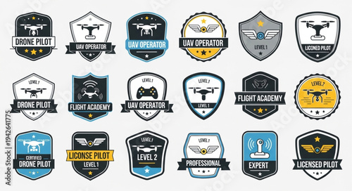 Collection of drone pilot and operator logo designs for aviation and technology businesses.