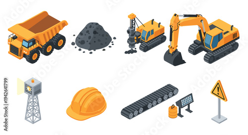 Construction equipment and safety icons in isometric style for industrial projects
