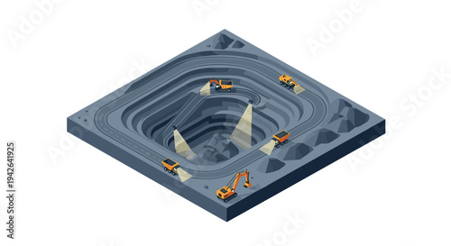 Isometric open-pit mine with trucks and excavators operating in a quarry.