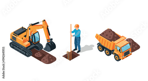 Construction equipment and worker on site with excavator and dump truck in isometric style