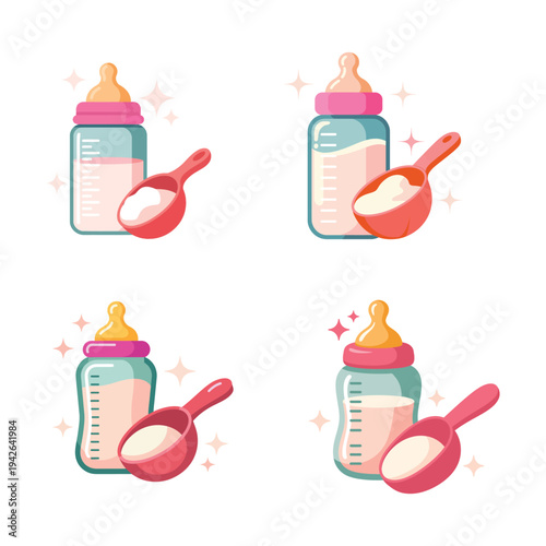 Infant feeding bottle with milk powder scoop baby nutrition flat cartoon vector illustration isolated