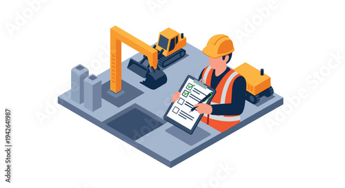 Construction worker in safety gear with machinery and checklist in isometric design