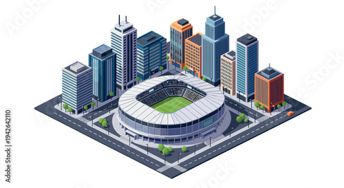 Modern isometric cityscape with stadium and high-rise buildings