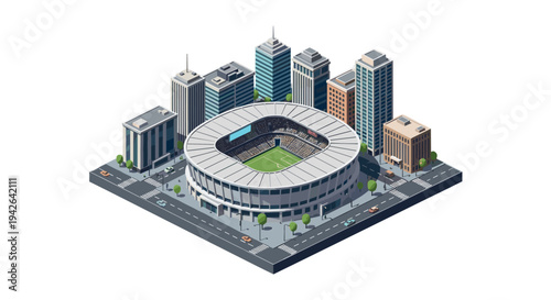 Modern isometric cityscape featuring a large stadium and urban skyline