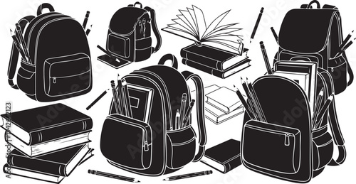 Backpacks and books for school and education supplies