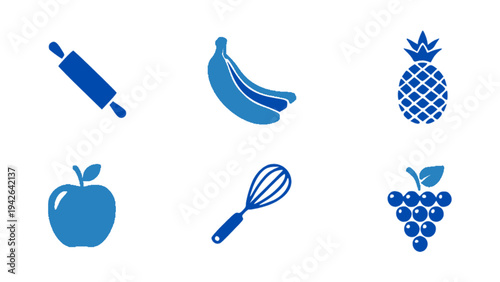 Food and kitchen icon collection featuring apple, banana, pineapple, grapes, whisk, and rolling pin in simple blue style.