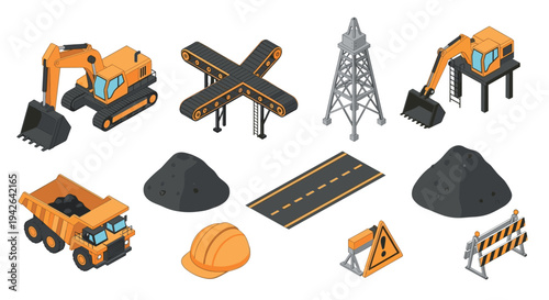 Construction equipment and tools in isometric design