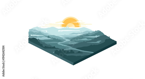 Isometric landscape design with sunrise over mountain layers in minimalist style