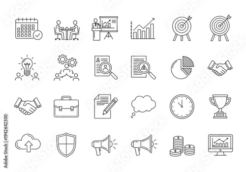  Large business and management icon set, thin line style for corporate leadership, strategy, and teamwork concepts