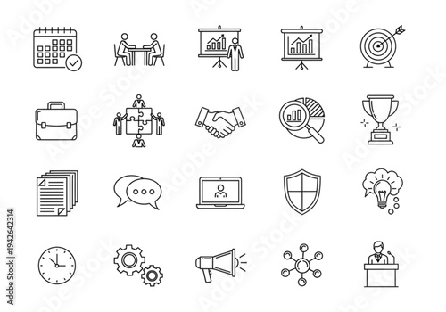  Large business and management icon set, thin line style for corporate leadership, strategy, and teamwork concepts