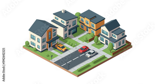 Isometric suburban neighborhood with modern houses and cars