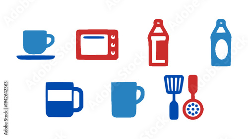 Household kitchen icon set with cups, microwave, milk bottle, coffee mug, and cooking utensils in flat style.