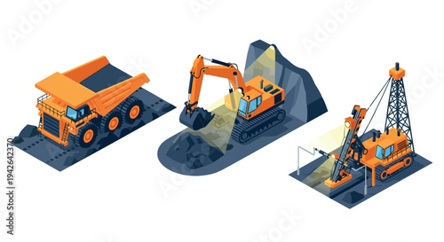 Isometric construction machinery: excavator, dump truck, and drill in mining site