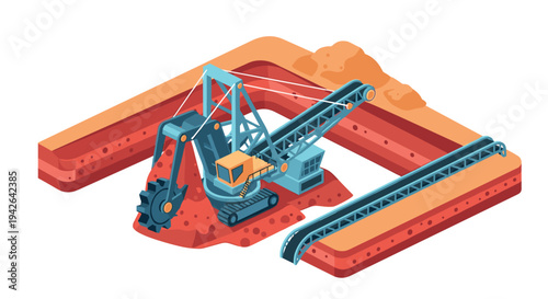 Isometric excavator digs in open pit mine with conveyor system