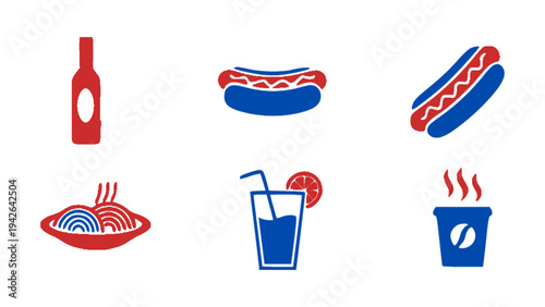 Flat restaurant icon set with hotdog, noodles, beverage, coffee cup, and sauce bottle in modern red and blue colors.