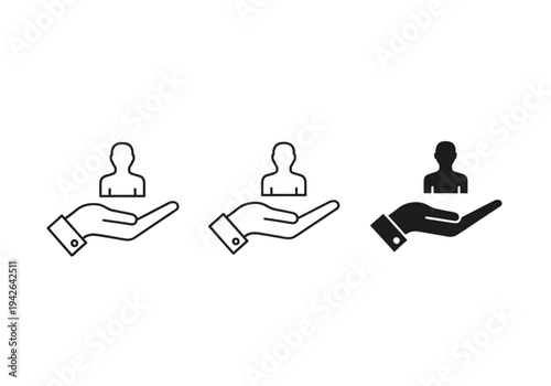 Set of hand holding person icons, outline and solid styles for insurance, support, and care concepts