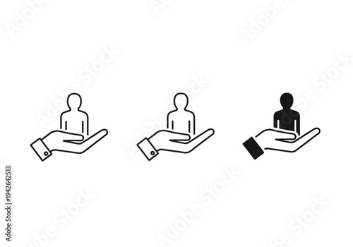 Set of hand holding person icons, outline and solid styles for insurance, support, and care concepts