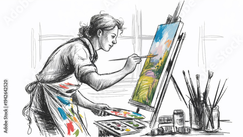 Artist painting on canvas with colorful paints and brushes creative workspace with easel and palette