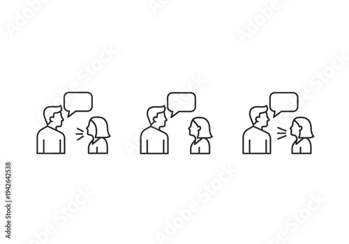 Set of people talking with speech bubbles, thin line icons for conversation, feedback, and meeting concepts