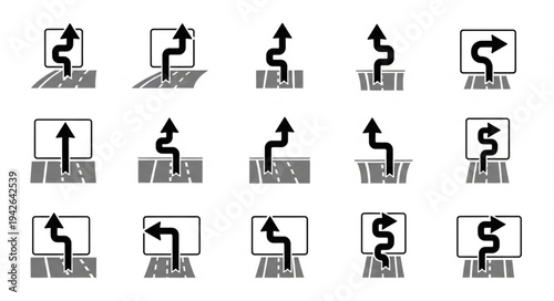 Collection of abstract arrow icons indicating direction and movement.