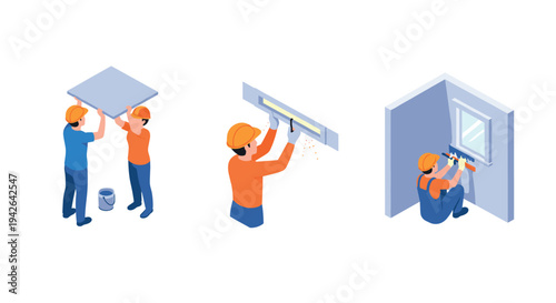 Isometric construction workers installing ceiling tiles and windows