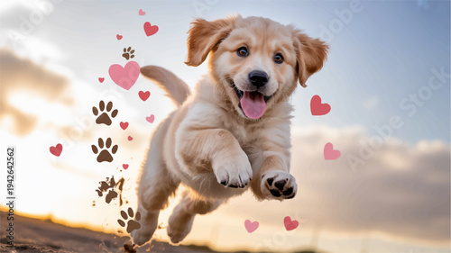 Happy golden retriever puppy running with hearts and paw prints at sunset