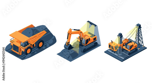 Construction machinery icons in isometric style featuring excavator and drill