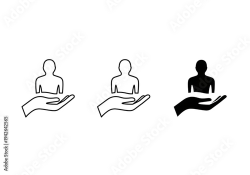 Set of hand holding person icons, outline and solid styles for insurance, support, and care concepts