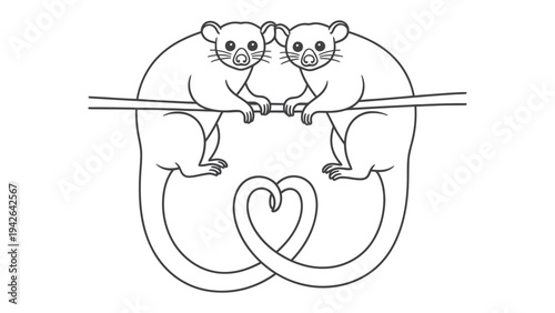 Two cute lemurs form a heart shape with their tails, sitting on a branch.