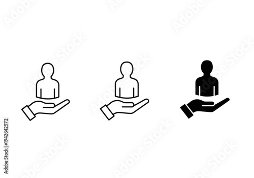 Set of hand holding person icons, outline and solid styles for insurance, support, and care concepts