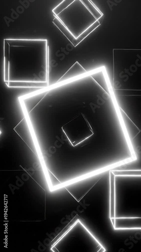 Abstract glowing geometric shapes float in a dark void