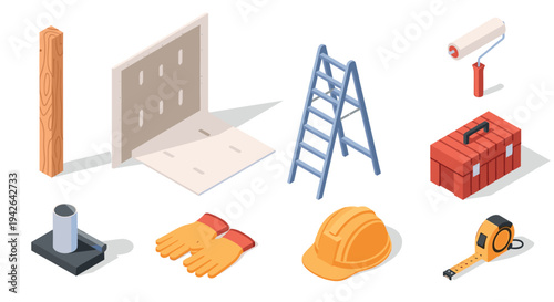 Isometric construction tools set: ladder, toolbox, helmet, gloves and more