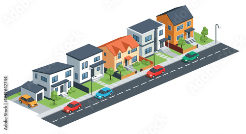 Modern isometric neighborhood with colorful houses and cars on a city street
