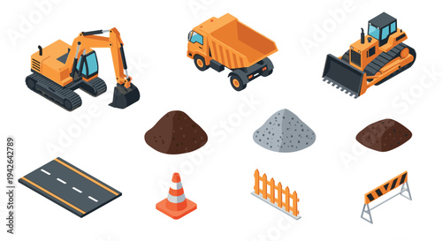 Isometric construction equipment and materials set with excavator, dump truck, and road elements