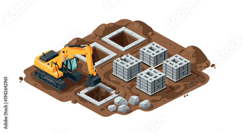 Isometric construction site with excavator and concrete blocks on earth
