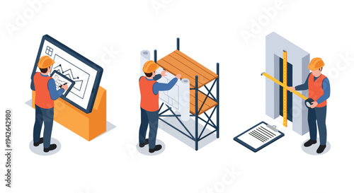 Isometric construction workers with digital tablet, blueprint rack, and measuring tools