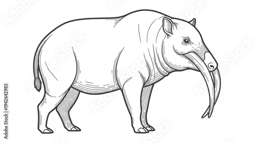 Gomphotheres illustration: A detailed black and white illustration of an ancient Gomphothere, a prehistoric relative of the elephant, with distinctive downward-curving tusks and a stout body.