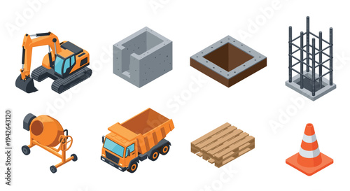 Isometric construction equipment and materials set for industrial and building projects