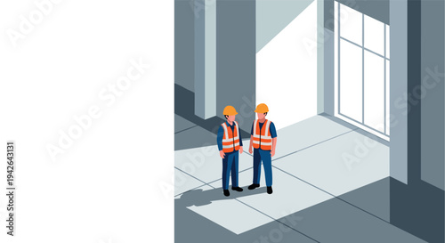 Construction team in safety gear in modern urban setting