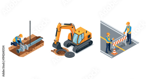 Construction equipment and worker illustrations in isometric style
