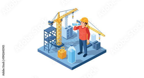 Isometric construction worker hydrating at busy building site with cranes