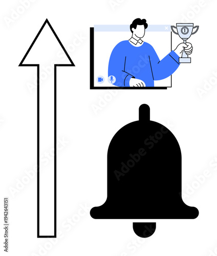 Black bell icon, upward arrow, and online winner holding a trophy in window. Ideal for notifications, motivation, success alerts, updates, e-learning, team achievements remote work
