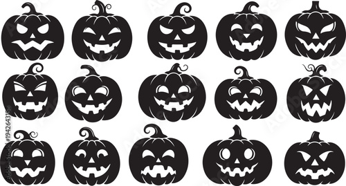 Collection of spooky black jack-o-lanterns on white background