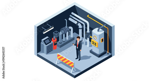 Isometric factory control room with worker managing industrial equipment