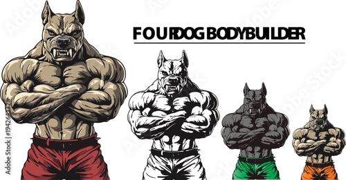 This dynamic illustration set showcases four formidable anthropomorphic dog bodybuilders, each with an incredibly muscular physique and an intense, determined expression, standing confidently with arm