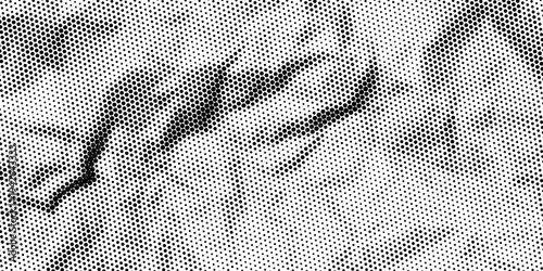 Crumpled paper halftone texture. Dotted rough wrinkled background. Old creased paper sheet overlay. Comic pop art grain wallpaper. Aged damaged gritty page in cartoon style. Vector background