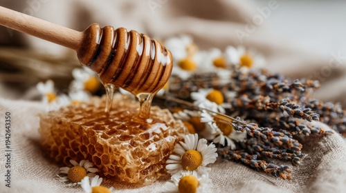Golden Honeycomb Dripping Sweet Nectar with Chamomile and Lavender