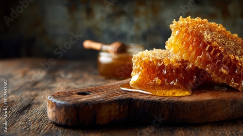 Golden Honeycomb Dripping Sweet Nectar Onto Rustic Wood Surface