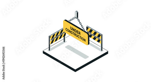 Isometric under construction sign with striped barricades for website development