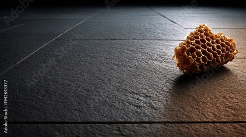 Golden honeycomb section with glistening nectar on dark textured surface